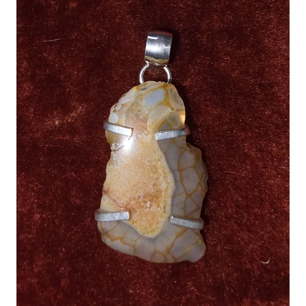 Vintage Sterling‎ Silver And Agate Pendant Charm Orange White Boho Crystal